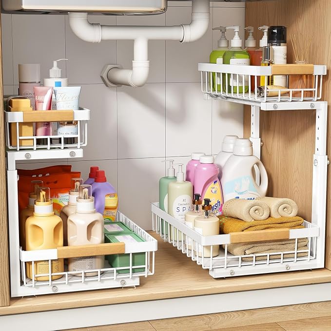 PXRACK 2 Pack Under Sink Organizer, Adjustable Height, 2 Tier Pull Out Under by PXRACK