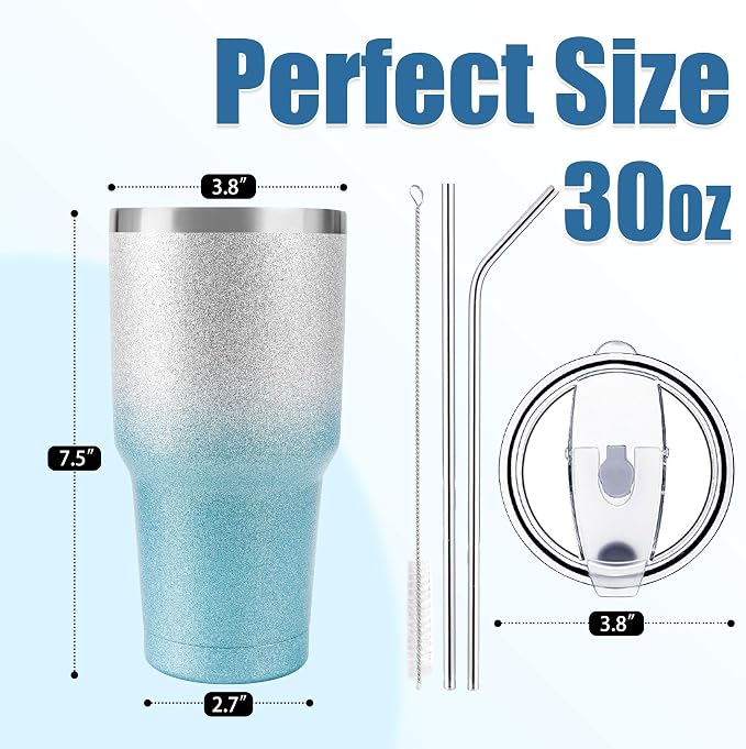 D·S 30 oz Tumbler Blue Glitter Gradient Cup Stainless Steel Double Wall Vacuum - Image 2