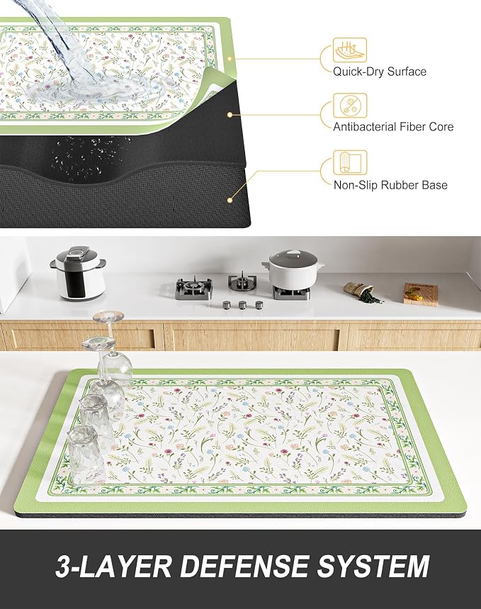 Rnivvi Dish Drying Mat for Kitchen Counter, XL 15 x 24" Cute Flower Theme - Image 4