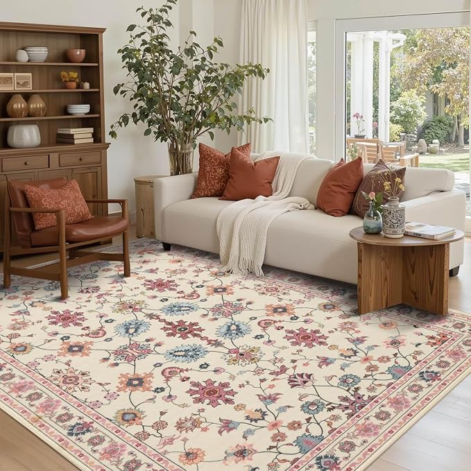 Pink Rug for Living Room Bedroom, Floral 5x7 Washable Rug, Vintage Boho Area Rug - Image 2