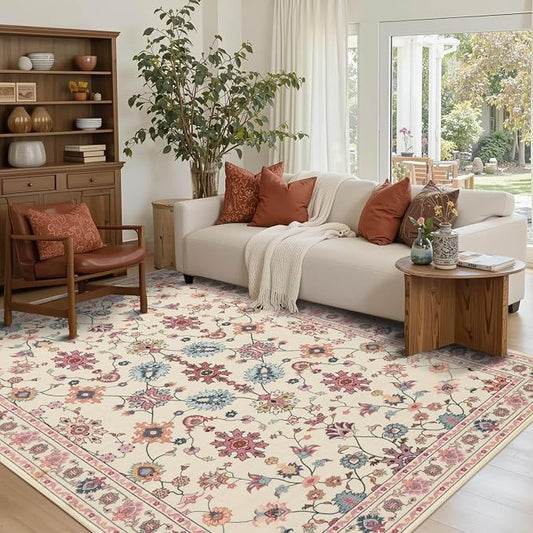Pink Rug for Living Room Bedroom, Floral 5x7 Washable Rug, Vintage Boho Area Rug - Image 2