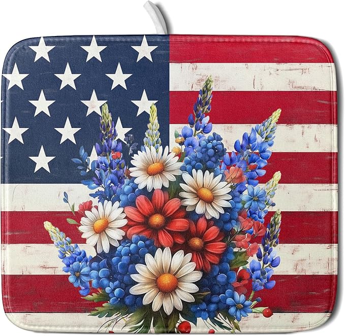 4th of July Patriotic Flower Dish Drying Mat by Sweetshow