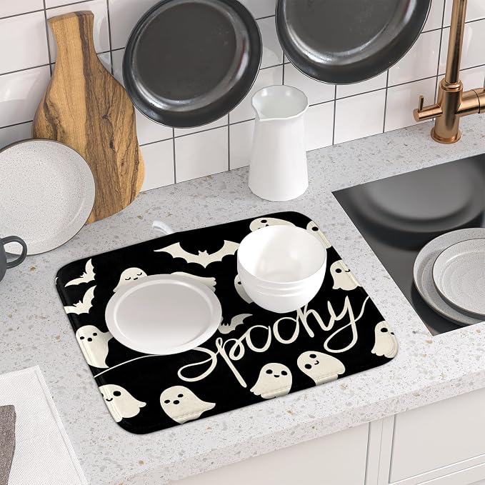 Halloween Dish Drying Mat for Kitchen Counter 16x18 Cute Ghost Black Spooky - Image 6