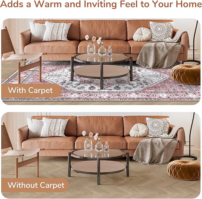 OPPODREAM Thin 6x9 Area Rugs, Washable Rug 6x9 with Non Slip Backing, Faux Cashmere Low-Pile 6 x 9 Carpet, Pink & Cream