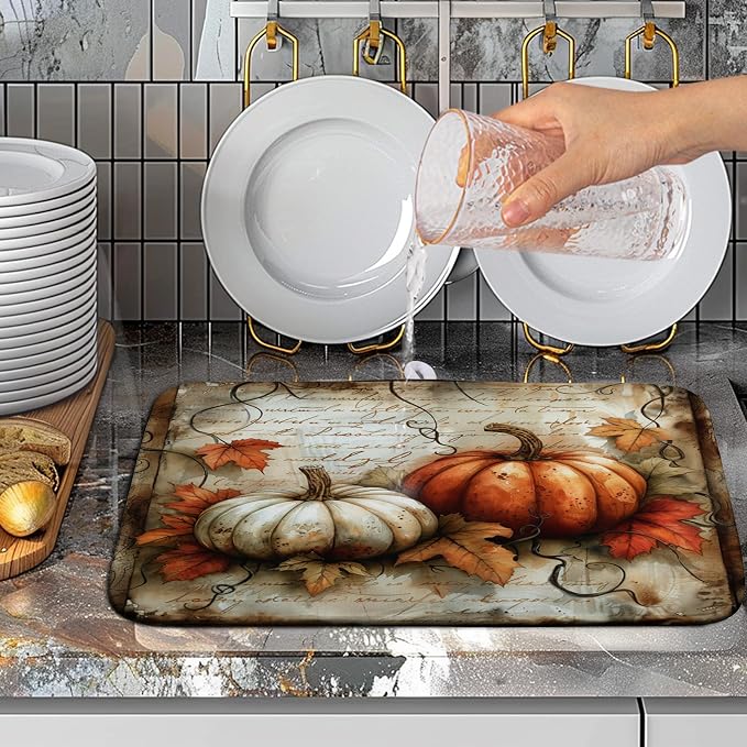 Fall Dish Drying Mat 16x18 Vintage Autumn Pumpkin Maple Leaf Drying Mat - Image 5