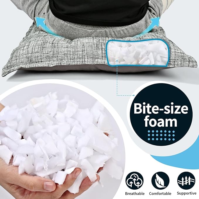 SINSOSSO Large Floor Pillows 22", Thickened Bite-Size Memory Foam Square Non-Slip Cushions for Office Back Support/Yoga/Chair Seat, Fashionable Color-Blocked Fabric & Washable, Black-Gray, 2 PCS