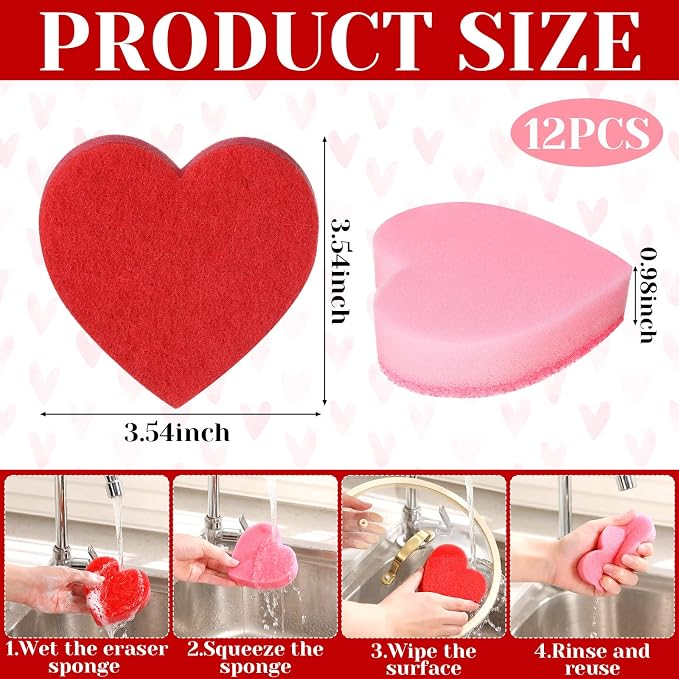 Tioncy 12 Pack Pink Heart Kitchen Sponges Bulk Dual Sided Valentine Scrubber - Image 2