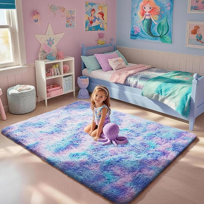 Ophanie Rainbow Purple Rug for Bedroom Girls, Kids Fluffy Kawaii Fuzzy Furry Shag Area Rug, Cute Plush Soft Shaggy Bedside Indoor Floor 4x6 Carpet for Teen Nursery Dorm Home Room Decor Aesthetic