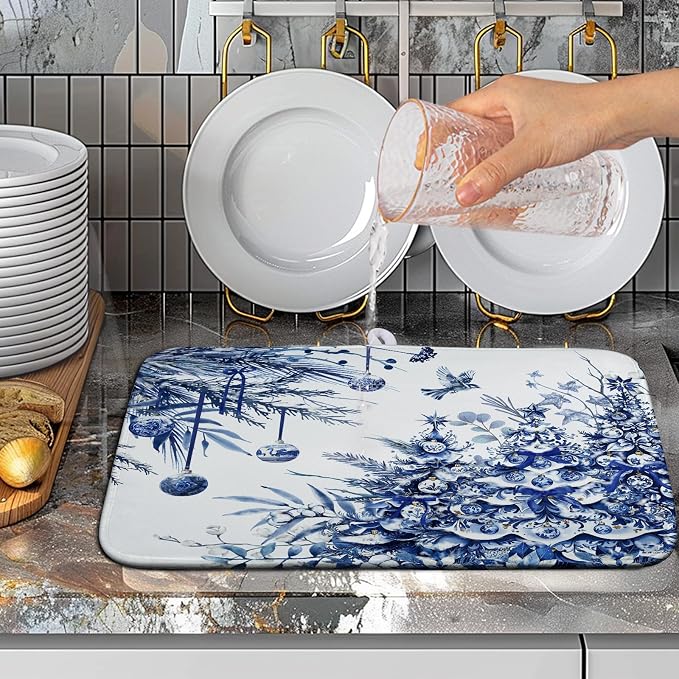 Christmas Tree Dish Drying Mat for Kitchen Counter 16x18 Inch Blue White - Image 5