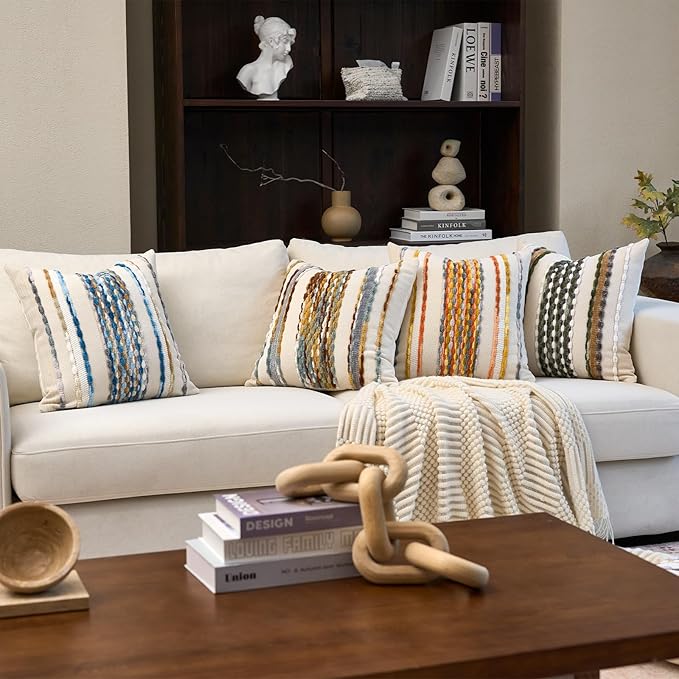 Aeckself Boho Pillow Covers 18x18 Inch Set of 2, Farmhouse Decorative Striped Square Chenille Tufted Accent Neutral Throw Pillow Covers for Living Room Couch Bed, Orange White
