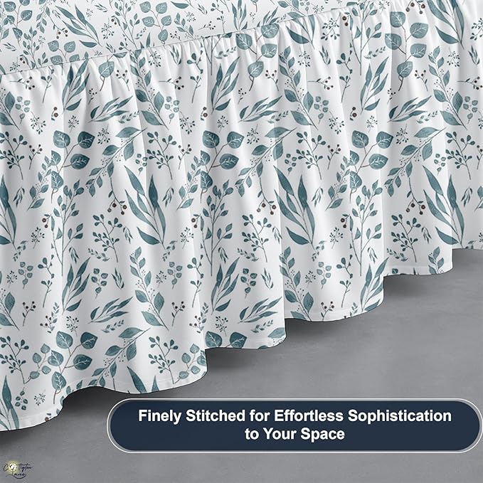 Cottington Lane Ruffled Bed Skirt Queen Size with Split Corner, Brushed Microfiber Hotel Quality Dust Ruffle, 15" Drop Gathered Bedskirt, Soft, Stylish, Shrink & Fade Resistant, Tranquil Green Petals