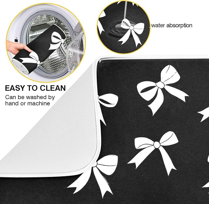 Black Bow Dish Drying Mat for Kitchen Countertop 16x18 Bowknot Coquette - Image 2