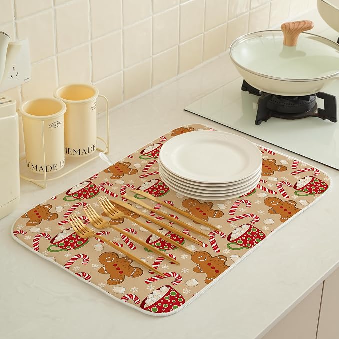 Christmas Dish Drying Mats 18x24 Inch Candy Cane Snowflake Gingerbread Man - Image 3