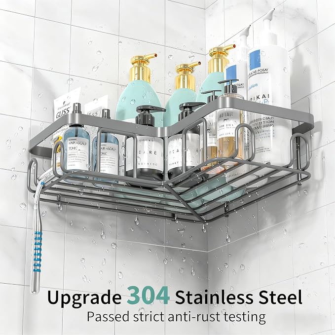 Moforoco Corner Shower Caddy Shelf Organizer Rack, Self Adhesive Grey Bathroom - Image 5