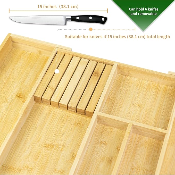 VaeFae Bamboo Kitchen Drawer Organizer, Wooden Utensil Tray - Image 4
