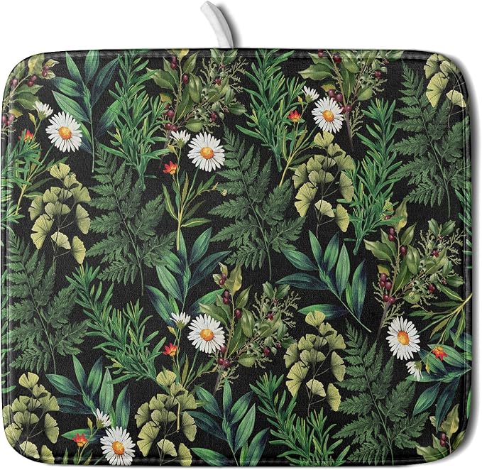 Green Botanical Dish Drying Mat 16x18 Inch Plant Leaf Fast Dry Dish Drainer by Giwawa