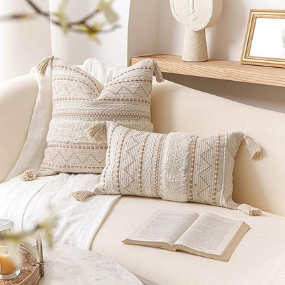 BlissBlush Decorative Throw Pillow Cover 20x20 Combo Set of 2 Square Cream Neutral White Boho Accent Pillowcase Tassels Farmhouse Cushion for Couch Sofa Bedroom Living Room Home Décor Cover ONLY