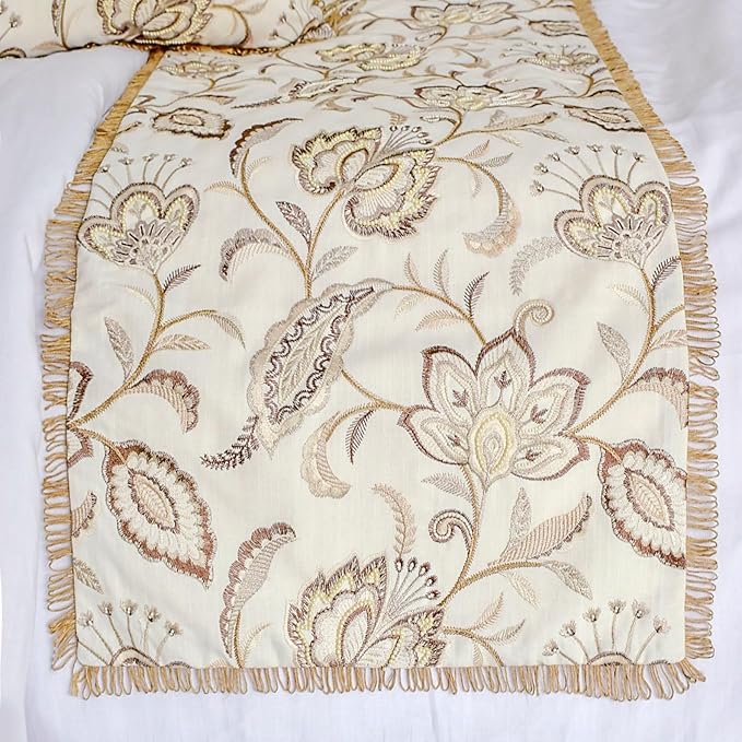 The HomeCentric King/Queen/Twin Beige Decorative Bed Runner Full 68"x18" Bed Runner with One Pillow Cover, Floral, Pearl, Jute Lace, Embroidery Bed Scarf on Cotton Fabric - Floral Luster