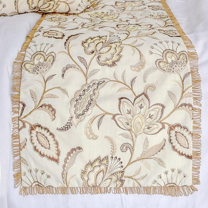 The HomeCentric King/Queen/Twin Beige Decorative Bed Runner Full 68"x18" Bed Runner with One Pillow Cover, Floral, Pearl, Jute Lace, Embroidery Bed Scarf on Cotton Fabric - Floral Luster