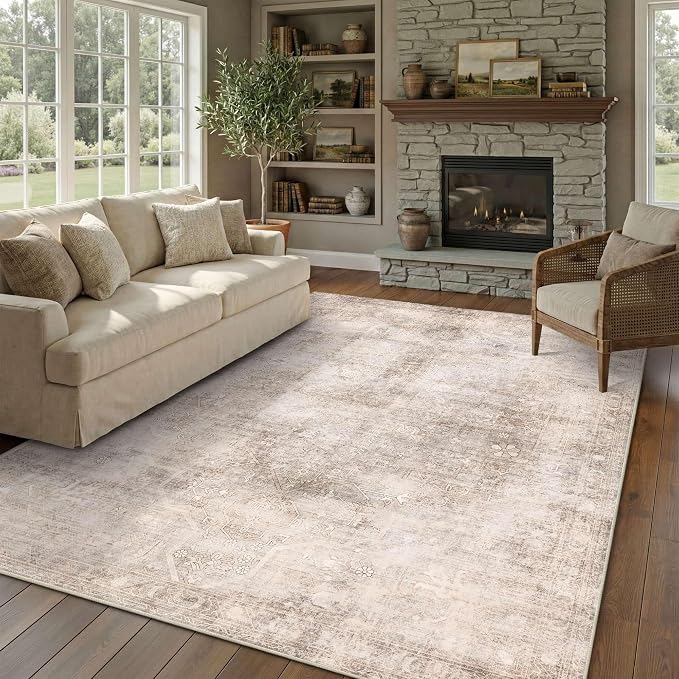 Vintage 5x7 Beige Brown Rug, Washable Neutral Area Rugs by OHWPEAT