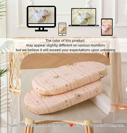 SDY Jersey Bassinet Sheets for Baby Girls,32 "x 16 "x 4", Pink Kawaii Bear Standard Oval/Retangle Bassinet Mattress Sheets for Toddler,Super Soft Breathable