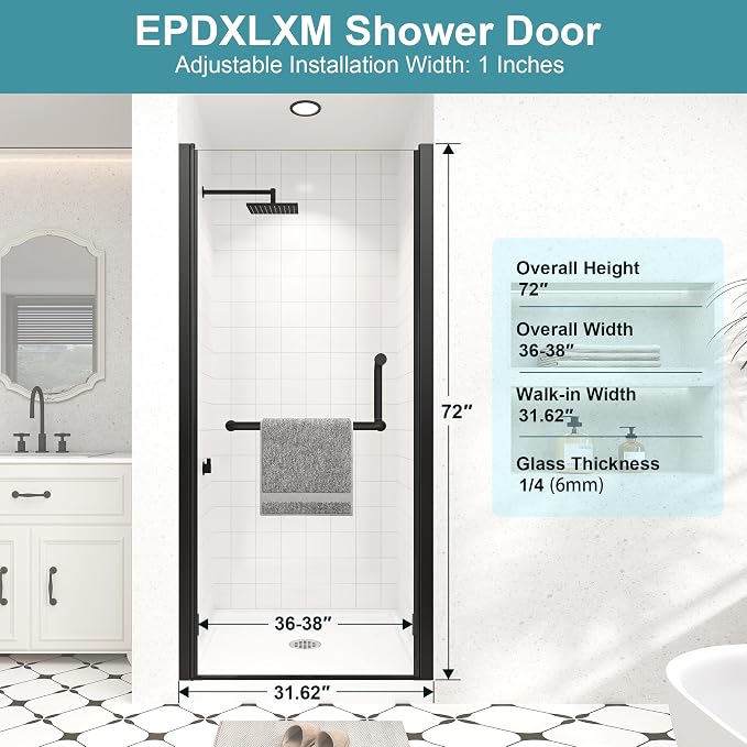 Frameless Pivot Shower Door 36"-38" Wx72 H, 1/4" Clear Nano Coated Tempered - Image 6