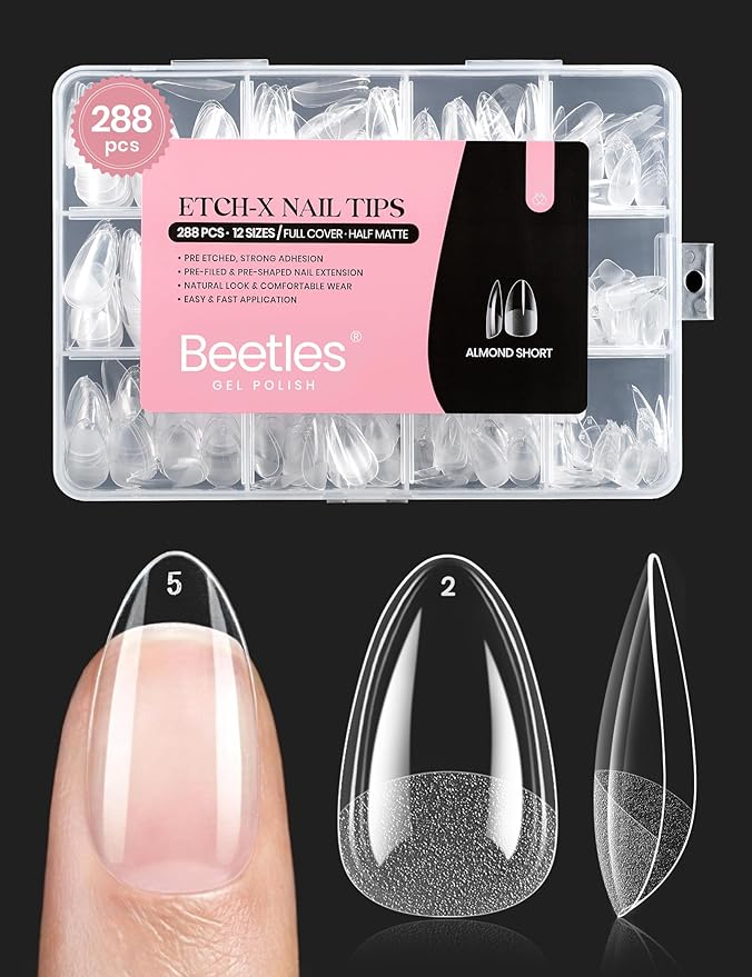 Beetles Soft Gel Nail Tips Short Almond 288pcs in 12 Sizes, Etch-X Pre-Etched by beetlesGelPolish