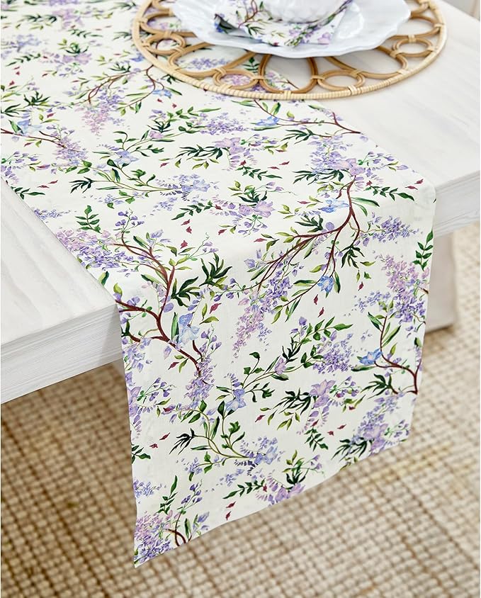 Solino Home Lilacs Floral Print Table Runner 90 Inches Long - 100% Pure Linen Table Runner 14 x 90 Inch - Handcrafted and Machine Washable - Lilacs/Off White Print