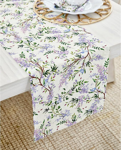 Solino Home Lilacs Floral Print Table Runner 90 Inches Long - 100% Pure Linen Table Runner 14 x 90 Inch - Handcrafted and Machine Washable - Lilacs/Off White Print