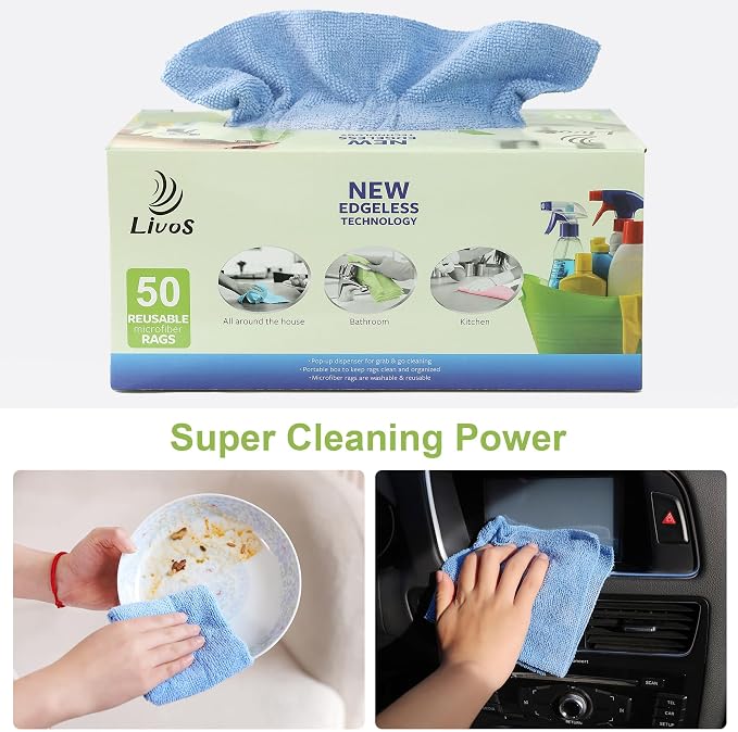 LIVOS 50 Pack Microfiber Cleaning Cloth in Box, Reusable Cleaning Rags - Image 4