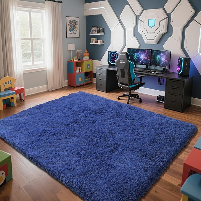 Blue Fluffy Rug Shaggy Area Rug, 9x12 Area Rugs for Girls Bedroom, Big Soft Shaggy Bedside Non-Slip Plush Dorm Nursery Kids Carpet Home Decor Aesthetic