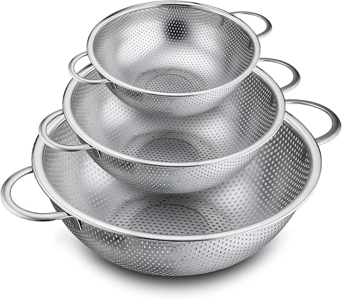 P&P CHEF Colander Set of 3, Stainless Steel Micro-Perforated Colanders Strainers by PPCHEF
