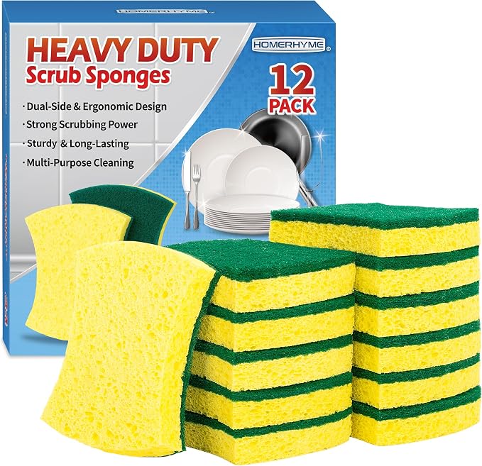 HOMERHYME Heavy Duty Sponges, 12 Pack Cellulose Scrub Sponge, Dual-Sided by HOMERHYME