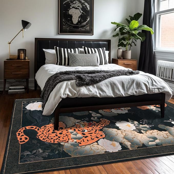 Japanese Tiger 5X7 Area Rug, Washable Black Leopard Tiger Rugs - Image 4