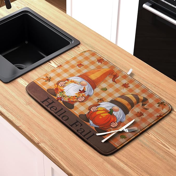 Hello Fall Autumn Gnomes Dish Drying Mat 16x18 Thanksgiving Pumpkin Maple - Image 6