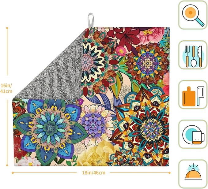 Boho Floral Dish Drying Mat for Kitchen Counter Washable Absorbent Reversible - Image 4