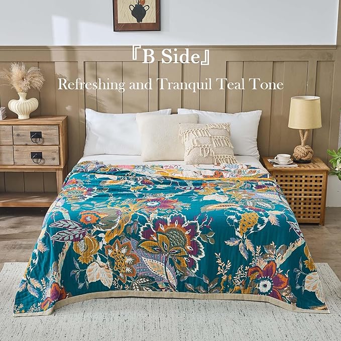 Farmhouse Throw Blanket, 80"x 90" Boho Throw Blankets for Couch Cover, 100% Cotton Bohemian Vintage Quilt for All Seasons Reversible Florals Lightweight Picnic Blankets Home Decoration