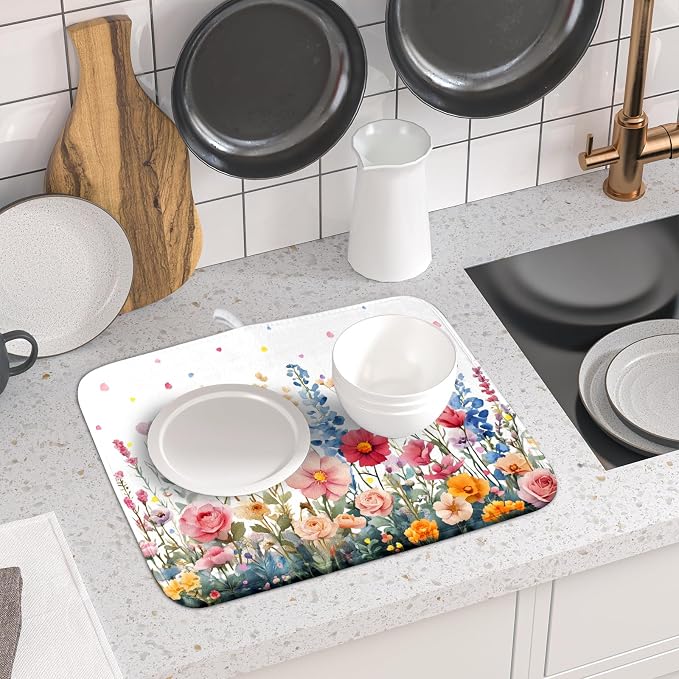 Colorful Flower Dish Drying Mat 16x18 Inch Botanical Floral Drainer Rack Mats - Image 6