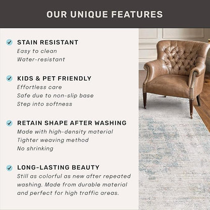 Washable Abstract Modern Area Rug 9x12 for Living Room, Bedroom, Dining Room, Home Office, Low Pile Non Slip Ultra Soft Stain Resistant, Distressed Medallion Decor, Light Blue