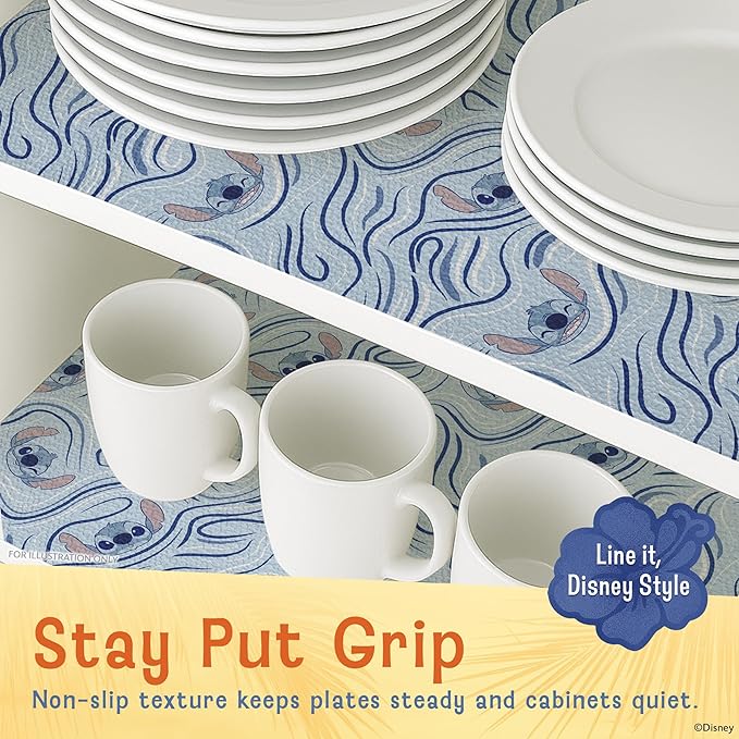Disney Non Adhesive Shelf Liner – 18”x 10 ft Water-Resistant Drawer Liners for Kitchen Cabinets, Pantry, Fridge & Dressers – Easy Cut Cabinet Liner Roll- Mickey Mouse, Stitch & Winnie The Pooh
