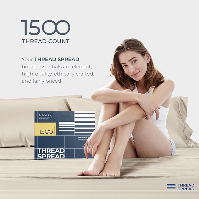 THREAD SPREAD 100% Egyptian Cotton Sheets Queen Size - 1500 Thread Count 4 PC Queen Sheet Set Egyptian Cotton, Sateen Weave Luxury Sheets Queen Size, High Thread Count Sheets, 17" Deep Pocket - Beige