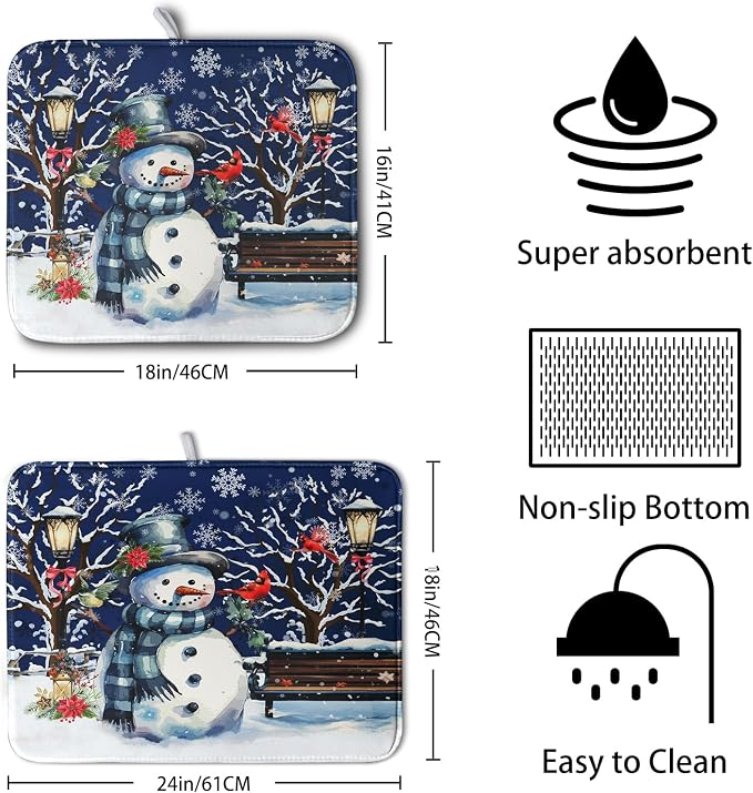 Winter Snowman Dish Drying Mat for Kitchen Counter 16x18, Xmas Snowflakes Dish - Image 2