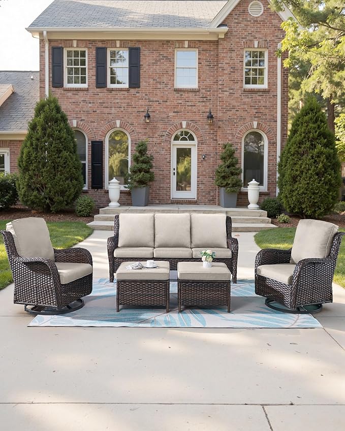 Pop 22x25/22x24 Outdoor Furniture Cushions Set of 6 - Comfortable Patio Chair Cushion for Rattan Wicker Dining Rocking Swivel Chairs Loveseat Couch L-Shape Sectional Sofa - Beige/Classic
