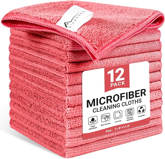 Microfiber Cleaning Cloth, 12 Pack Pink Cleaning Rags by Unknown