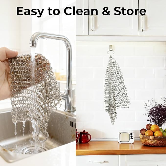 Amagabeli Cast Iron Cleaner 8"x6" Premium Stainless Steel Chainmail Scrubber - Image 8