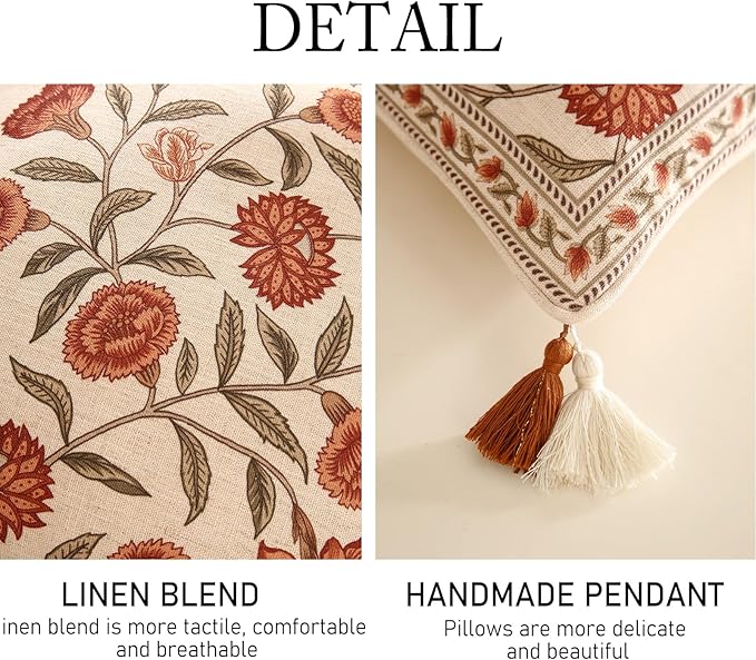 ISAENNE Design Linen Square Vintage Throw Pillow Covers 18"x18" Pack of 2, Brick Red Cushion Covers with Orange Floral Green Leaves Pattern Decoration Pillowcases for Bed,Living Room,Outdoor,Car