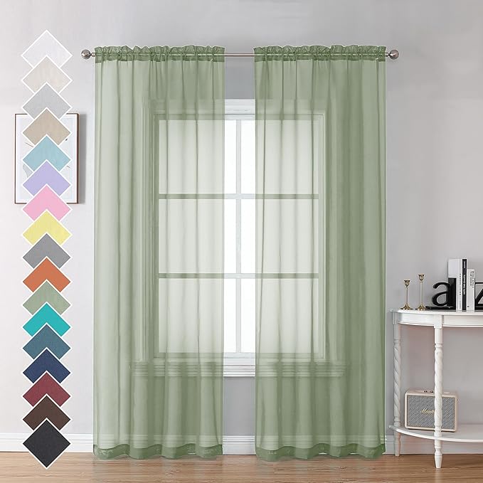 OVZME Sage Green Sheer Curtains 90 Inches Long 2 Panels - Soft Light Filtering Window Sheer Panels for Living Room/Bedroom, Top Dual Rod Pocket, 1 Pair, Each 42Wx90L Inches