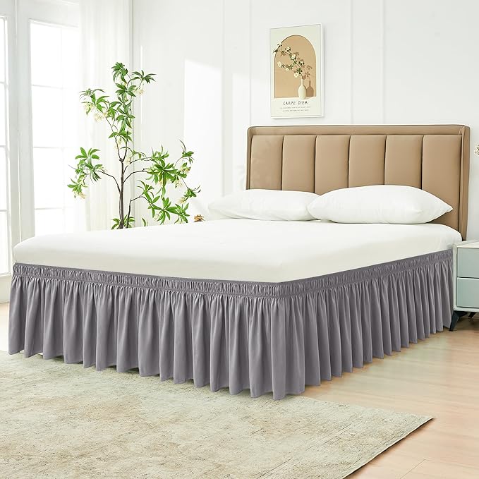 Biscaynebay Wrap Around Bed Skirts for Queen Beds 14" Drop, Silver Grey Adjustable Elastic Dust Ruffles Easy Fit Wrinkle Resistant Silky Luxurious Fabric Machine Washable