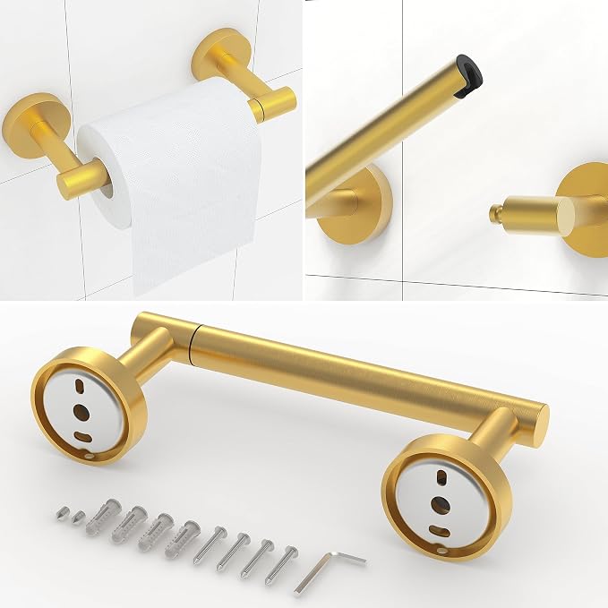 3pc Bathroom Hardware Set with Brushed Brass Toilet Paper Holder & Towel Ring & - Image 2