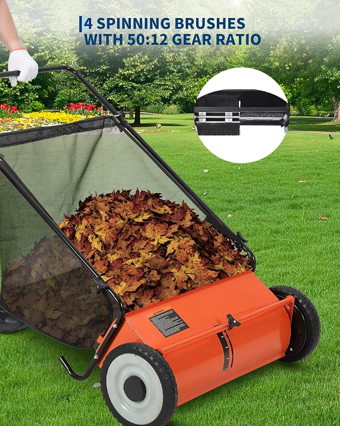 26-Inch Push Lawn Sweeper, 7 Cu. Ft. Hopper Capacity Leaf & Grass Collector - Image 4